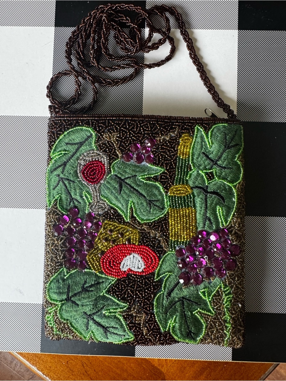 Embroidered Beadwork Floral Crossbody Beaded Bag Green Purple Vineyard Wine